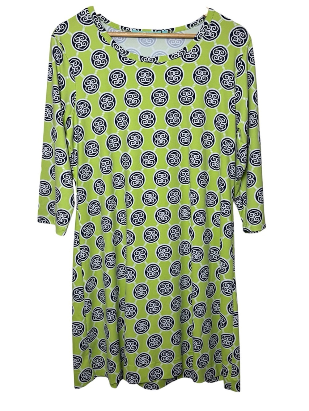 Anthony's Resort Wear Shift Dress Large Green Blue Geometric Stretch UPF Luxury